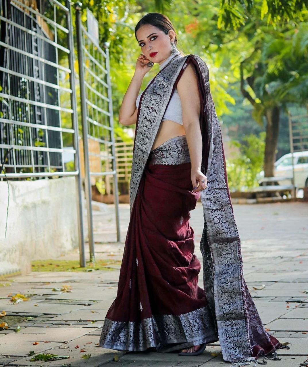 Wine Purple Designer Saree With Silver Border Work