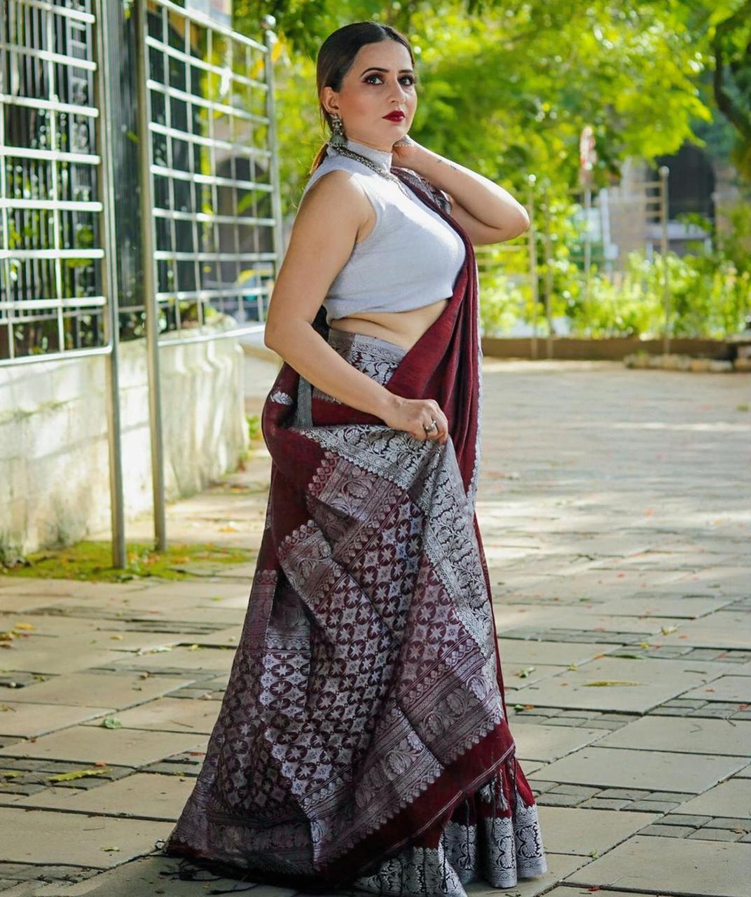 Wine Purple Designer Saree With Silver Border Work