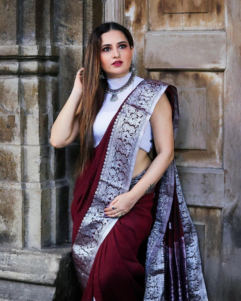 Wine Purple Designer Saree With Silver Border Work