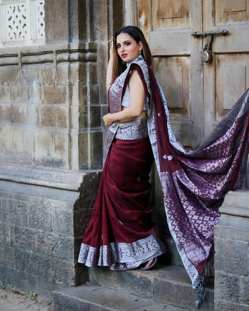Wine Purple Designer Saree With Silver Border Work