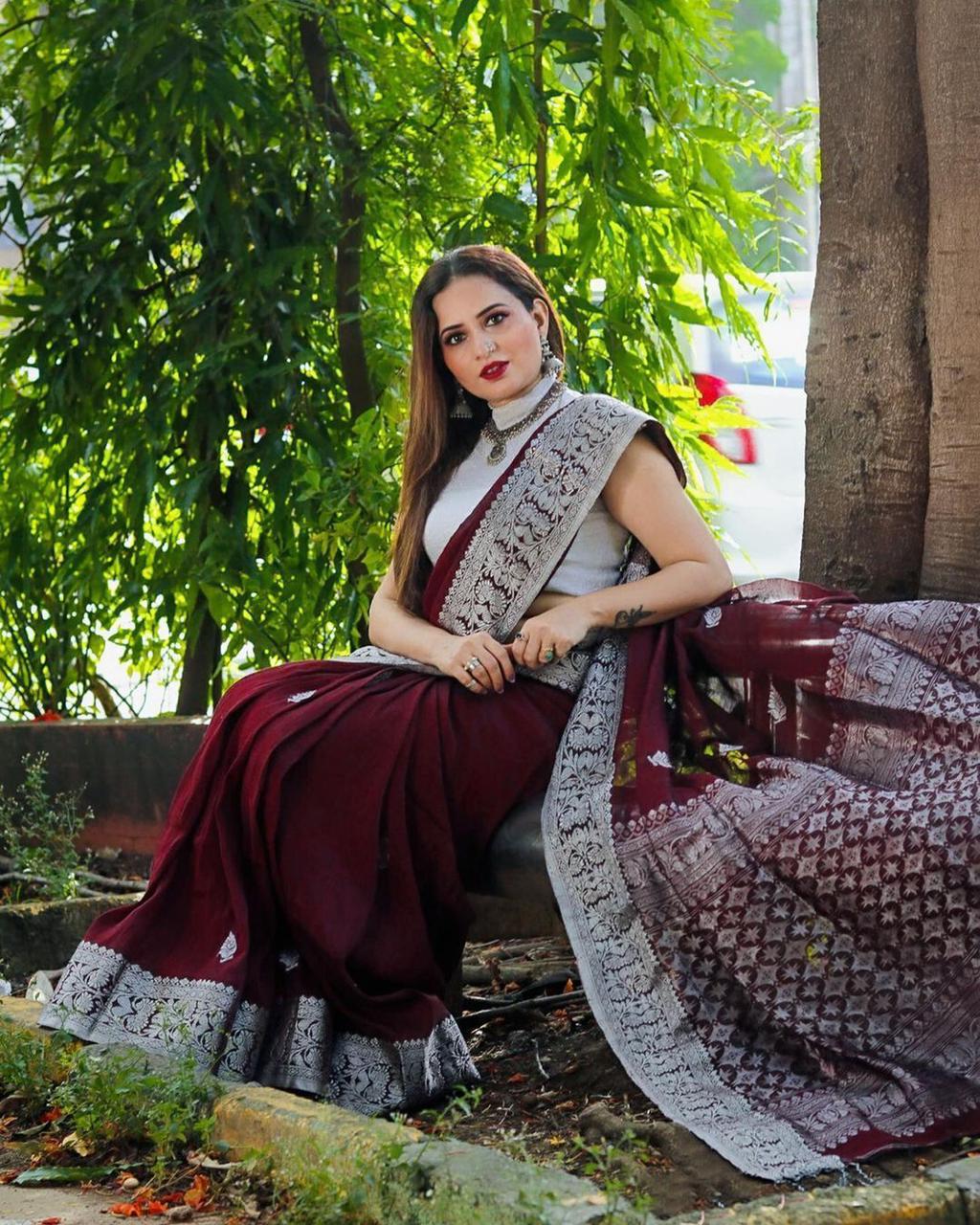 Wine Purple Designer Saree With Silver Border Work