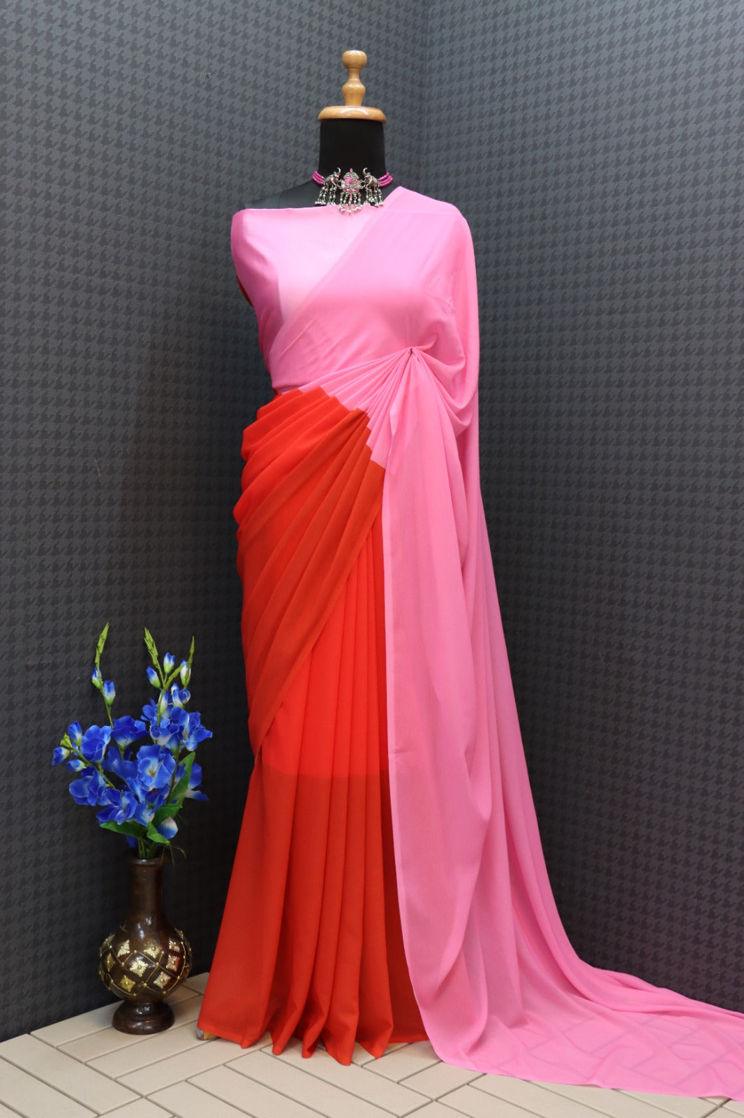 Ready To Wear Georgette Stylish Red and Pink Dual Tone Saree