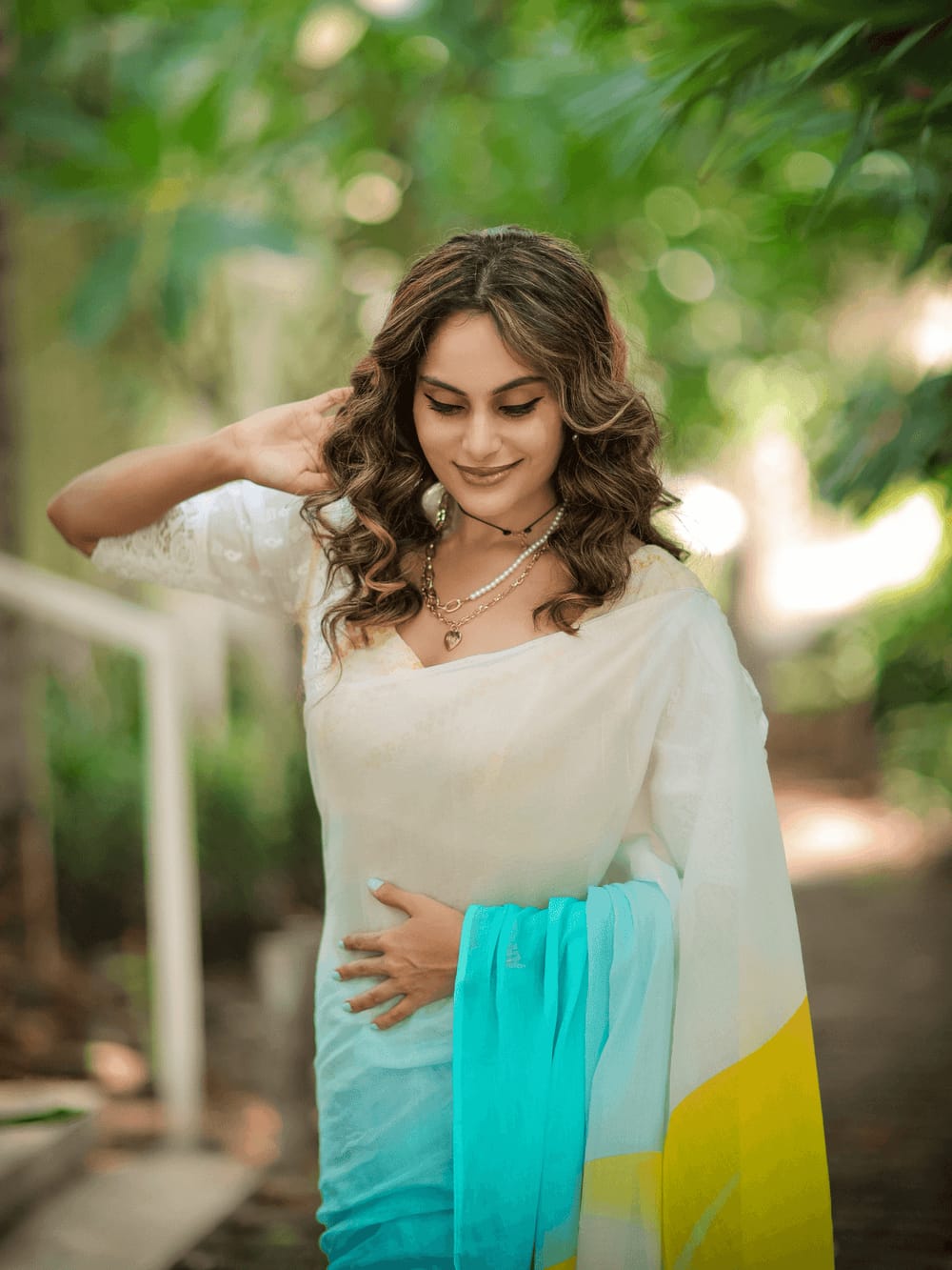 Aqua Blue & White Ombre Georgette Saree With Stylish Gradient Design