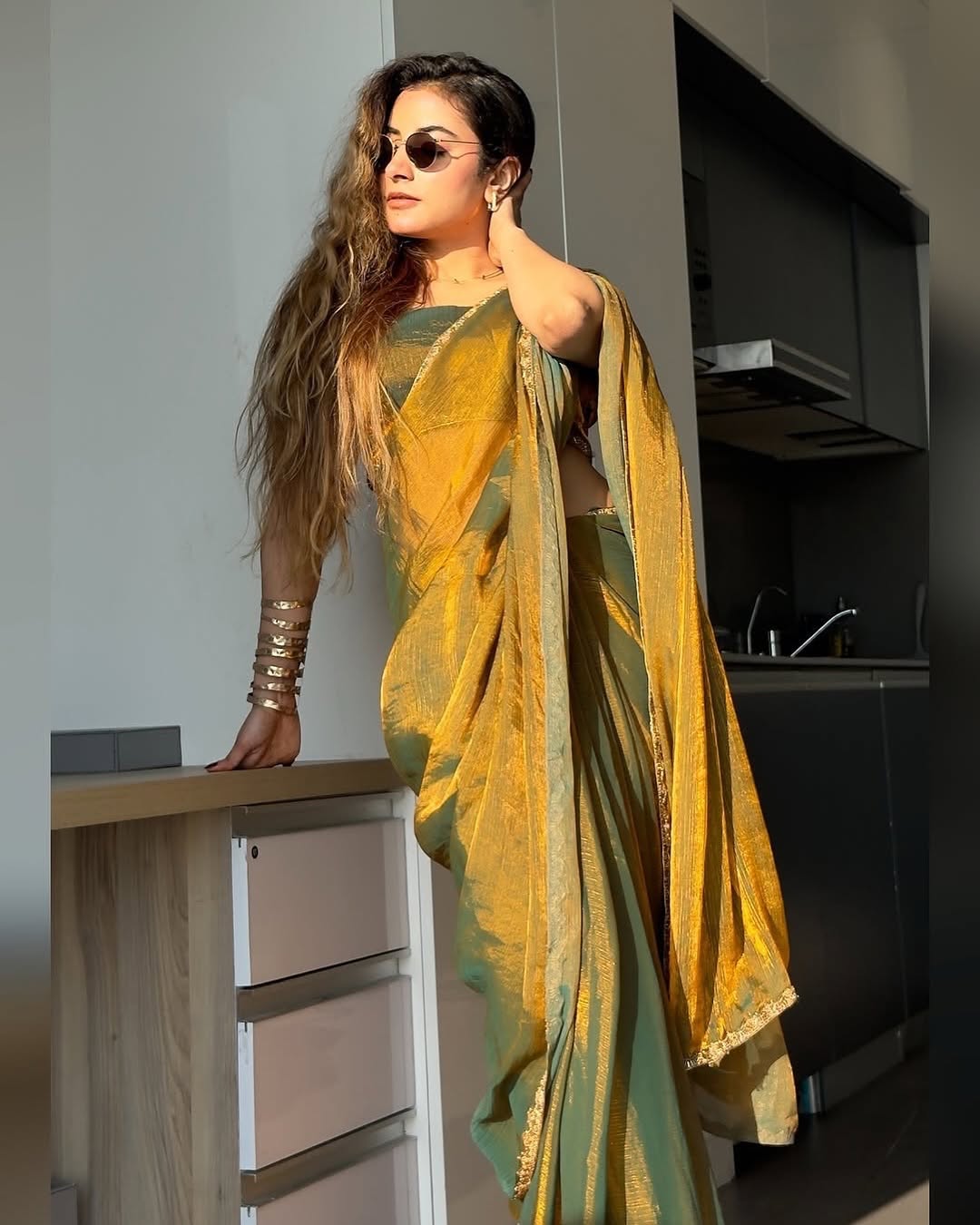 Ice Blue, Yellow, Purple, Bronze Brown Designer Saree With Elegant Satin Shine Finish
