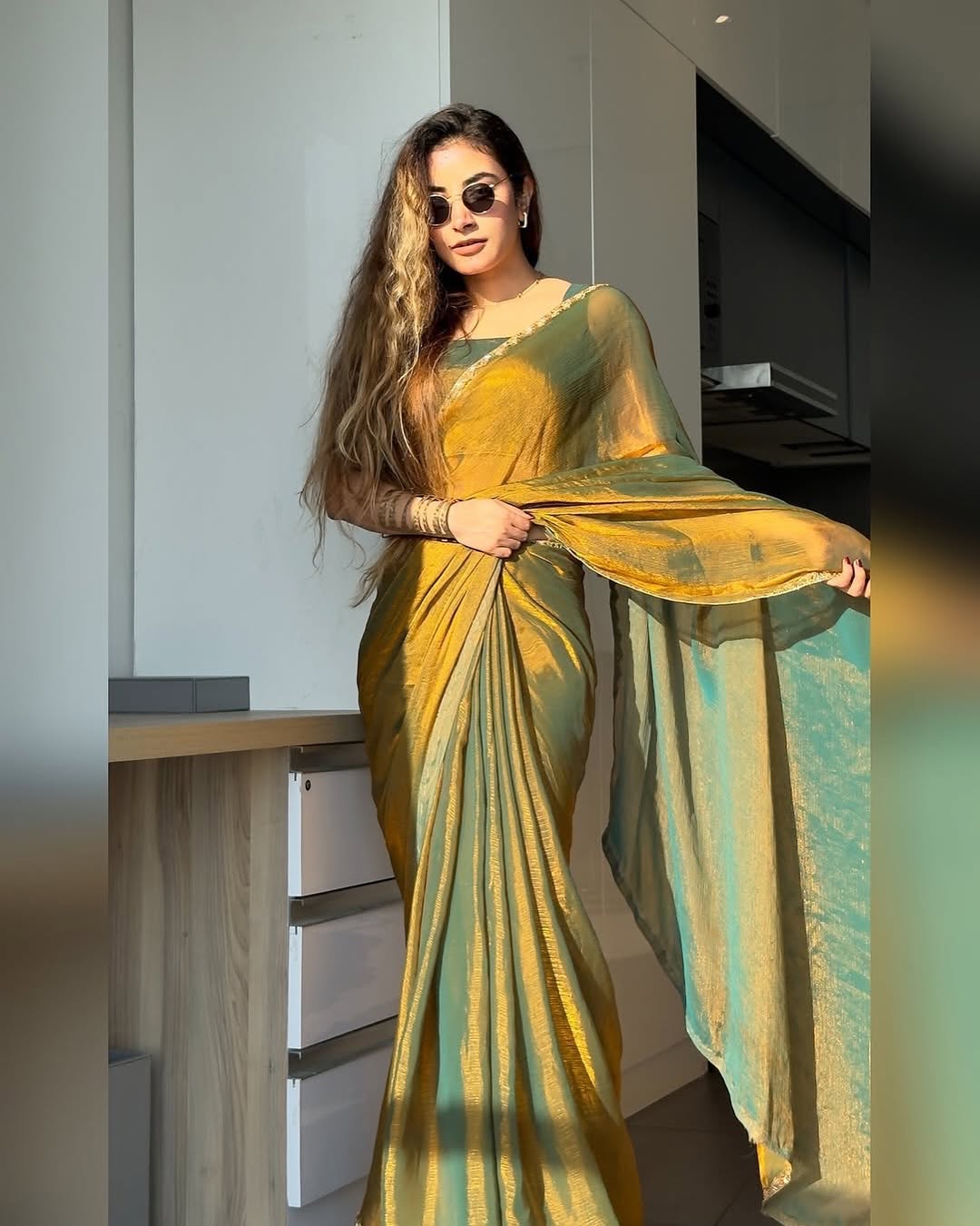 Ice Blue, Yellow, Purple, Bronze Brown Designer Saree With Elegant Satin Shine Finish