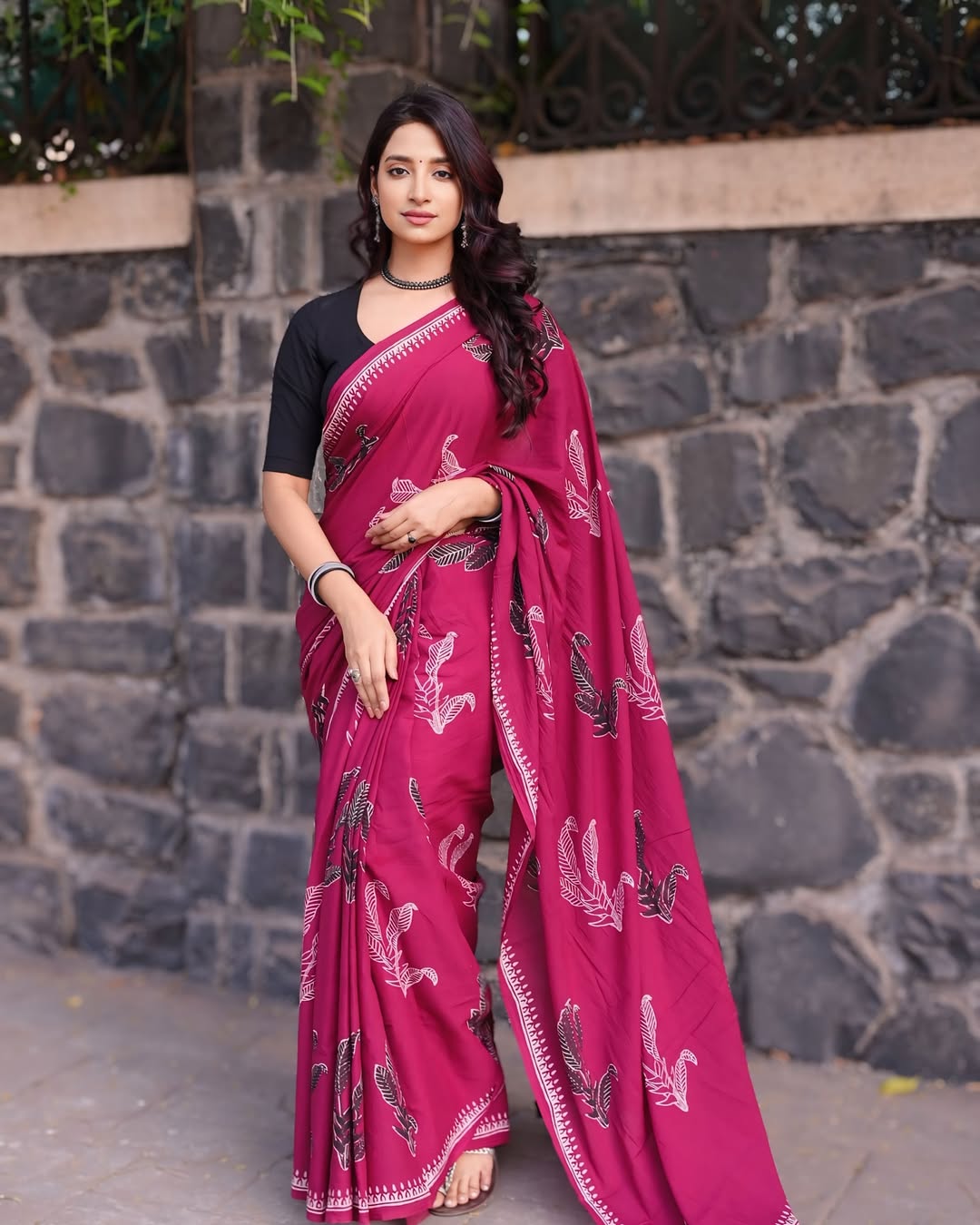 Rani Pink Floral Printed Saree With Elegant Designer Look