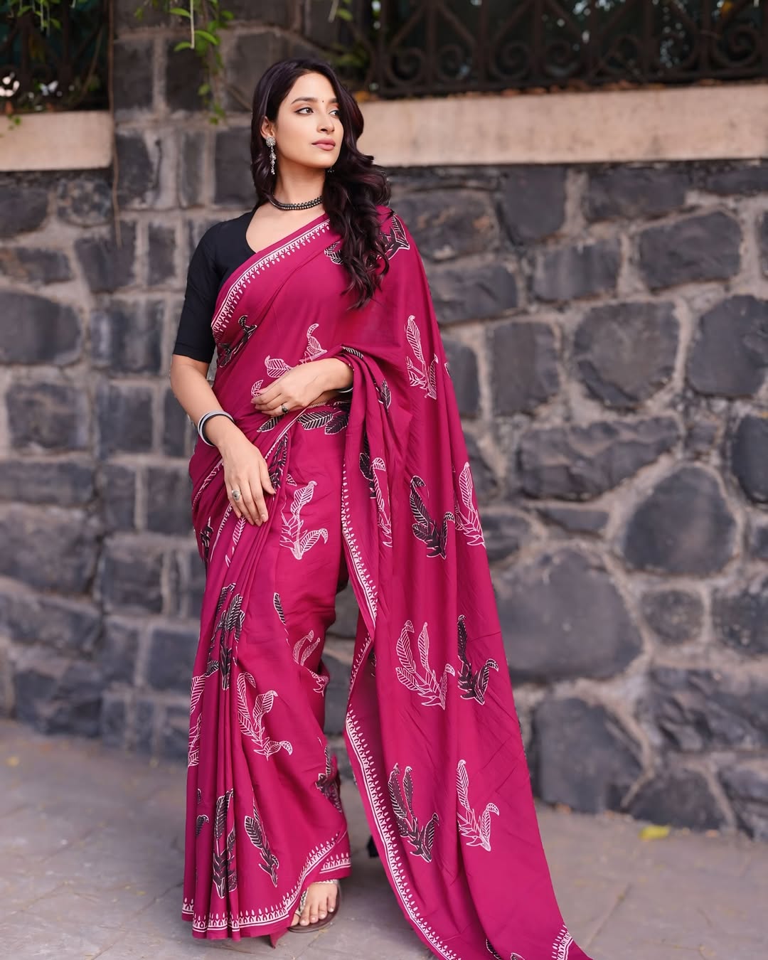 Rani Pink Floral Printed Saree With Elegant Designer Look