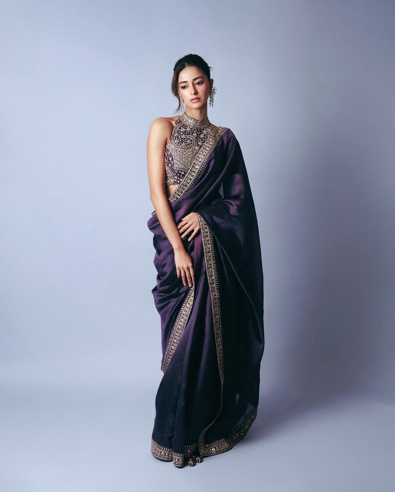Black Purple Designer Saree With Rich Silver Border Detailing