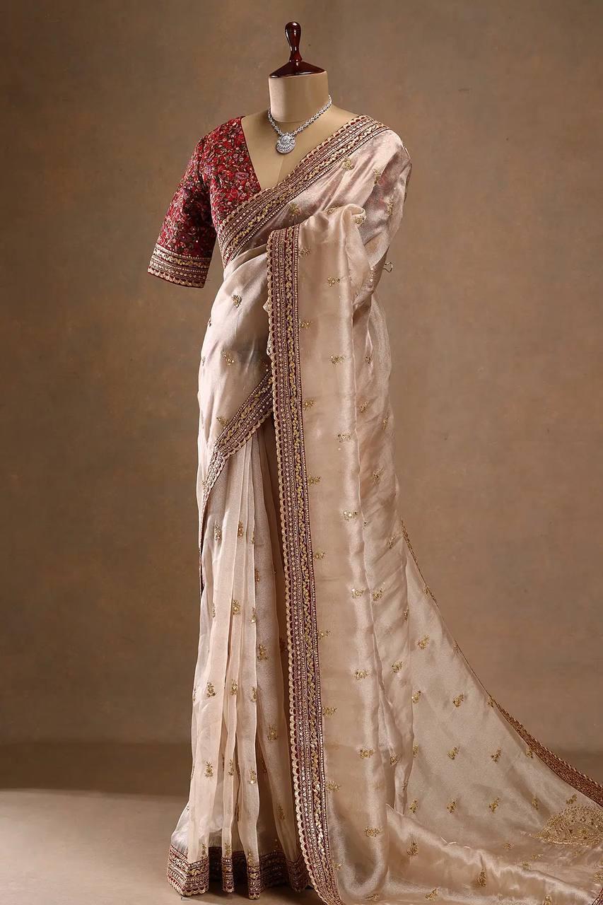 Ivory White Traditional Saree with Elegant Embroidered Border