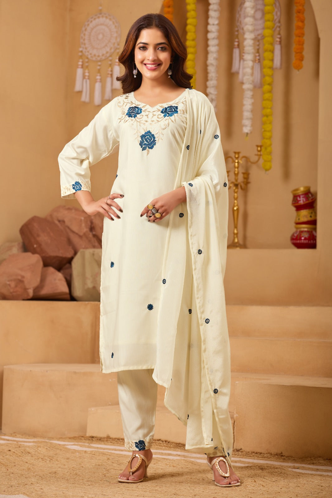 Cream Embroidered Straight Suit Set