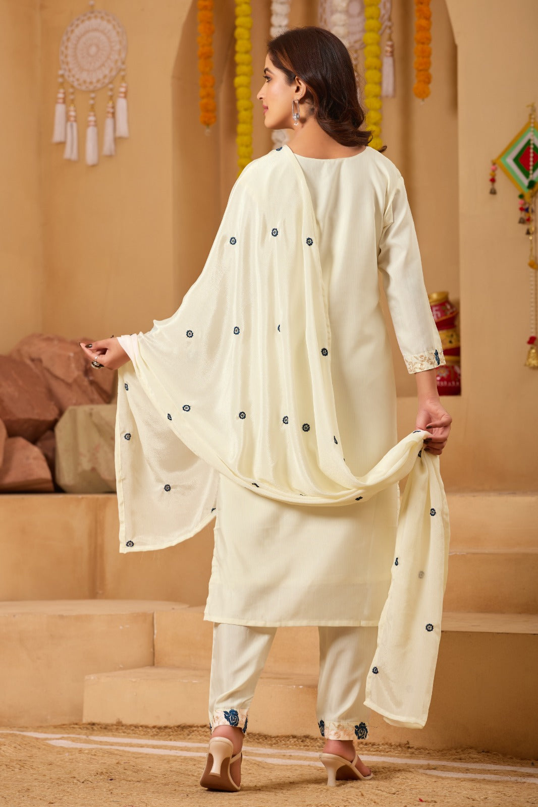 Cream Embroidered Straight Suit Set