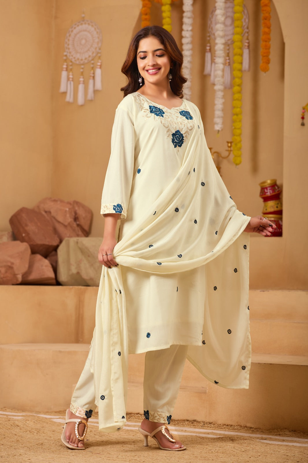 Cream Embroidered Straight Suit Set