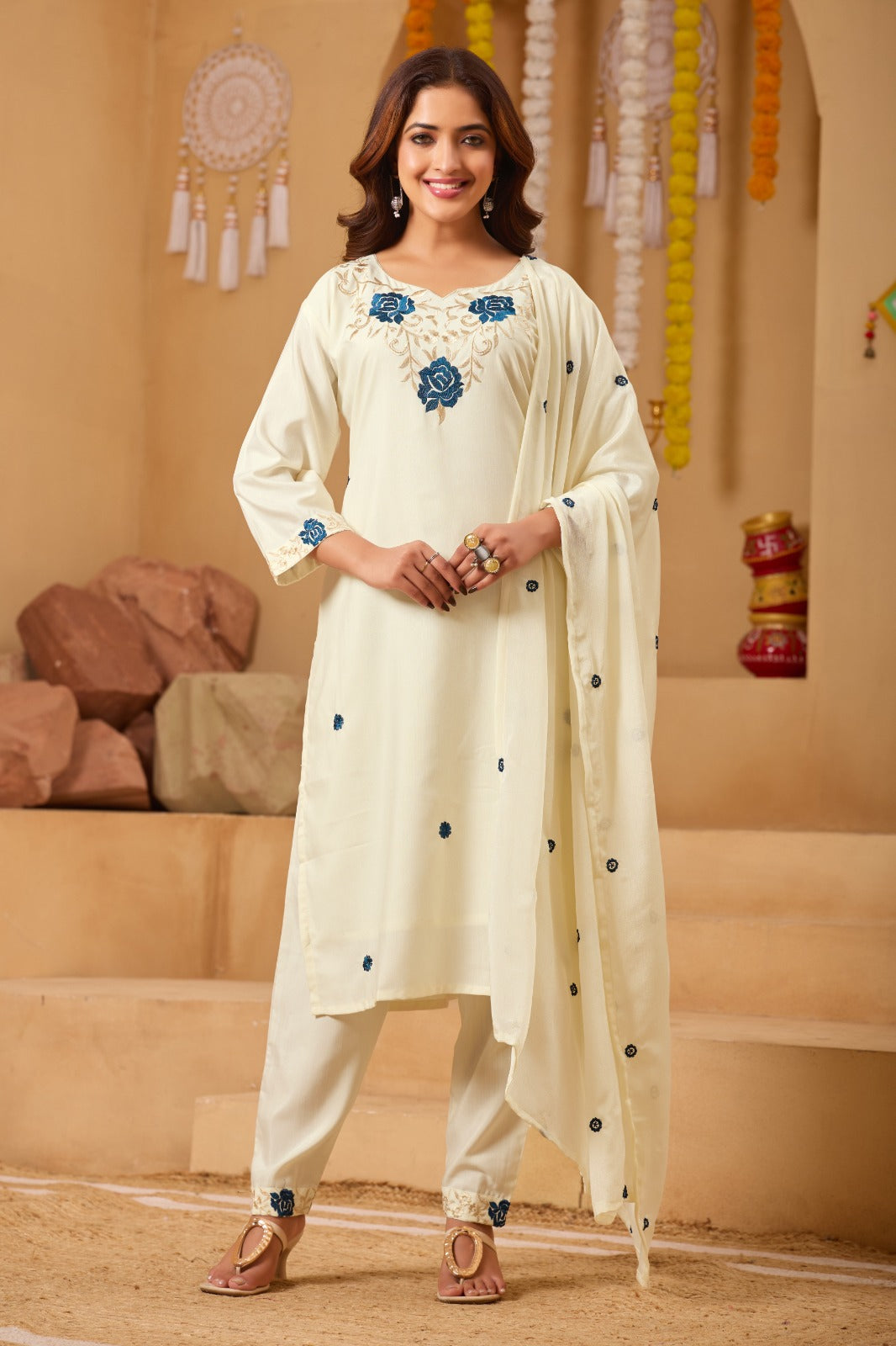Cream Embroidered Straight Suit Set