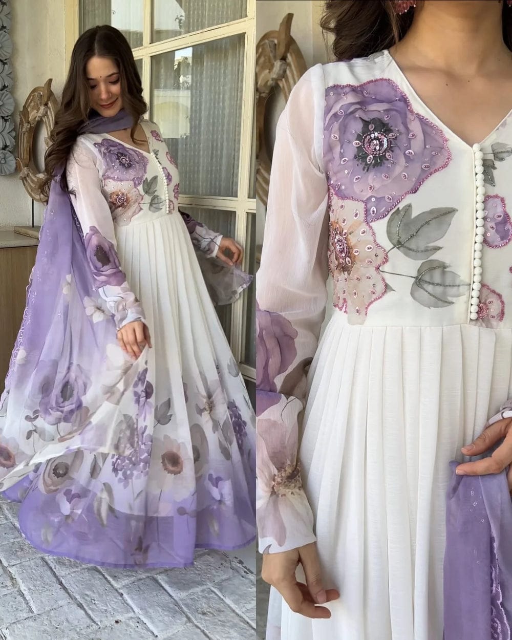 Women’s Lavender Floral Printed Anarkali Gown Elegant Party Wear