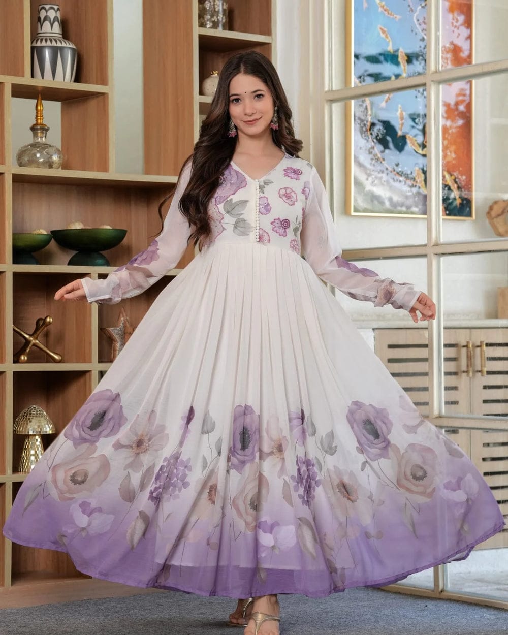 Women’s Lavender Floral Printed Anarkali Gown Elegant Party Wear