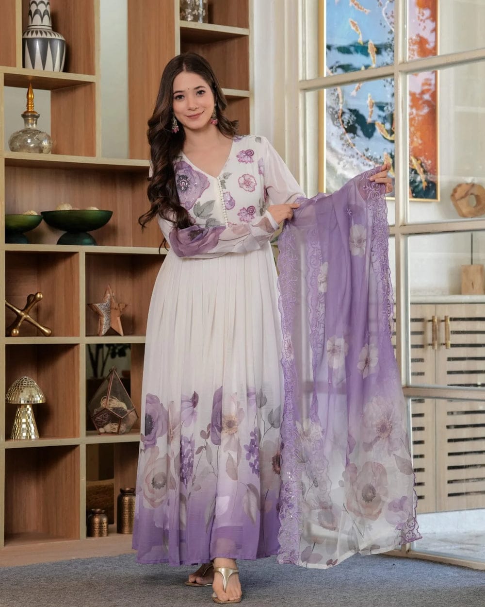 Women’s Lavender Floral Printed Anarkali Gown Elegant Party Wear