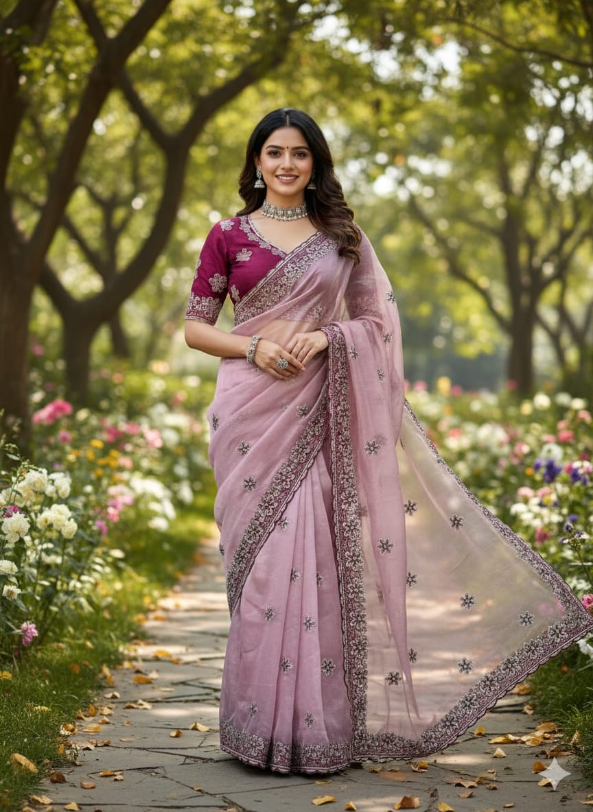Aqua Blue, Olive Green, Dusty Rose, Pink  Traditional Saree