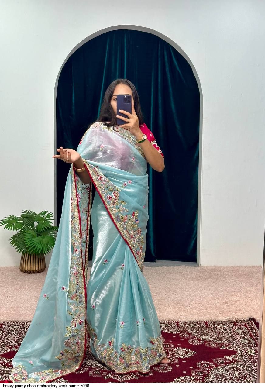Beige Silk Blend Saree With Heavy Embroidered Border & Contrast Blouse