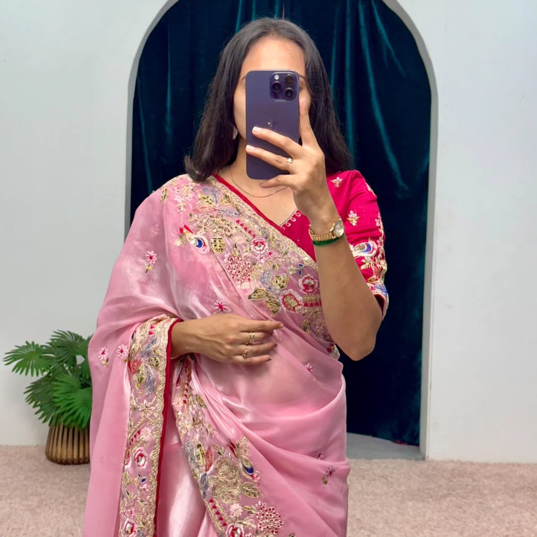 Beige Silk Blend Saree With Heavy Embroidered Border & Contrast Blouse