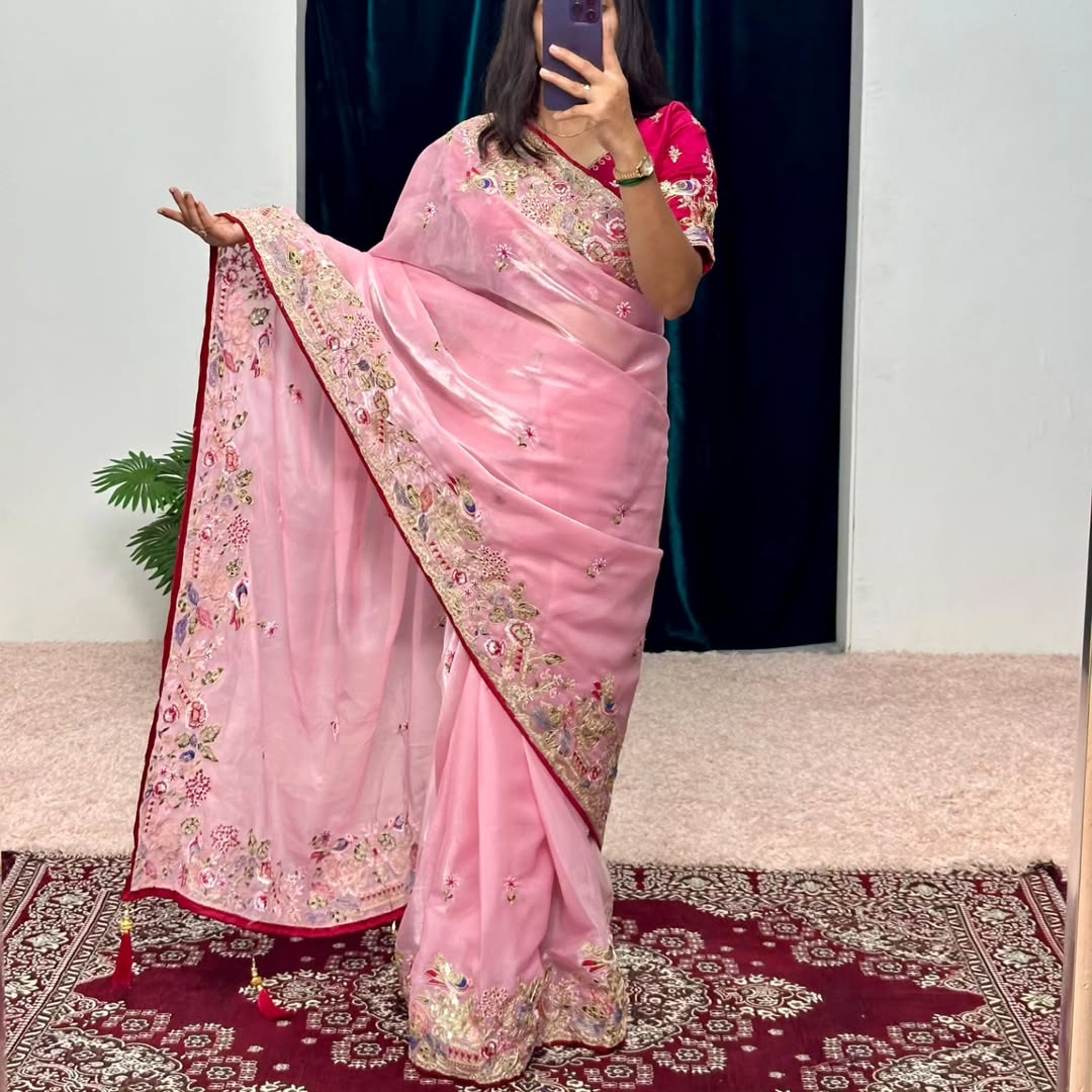 Beige Silk Blend Saree With Heavy Embroidered Border & Contrast Blouse
