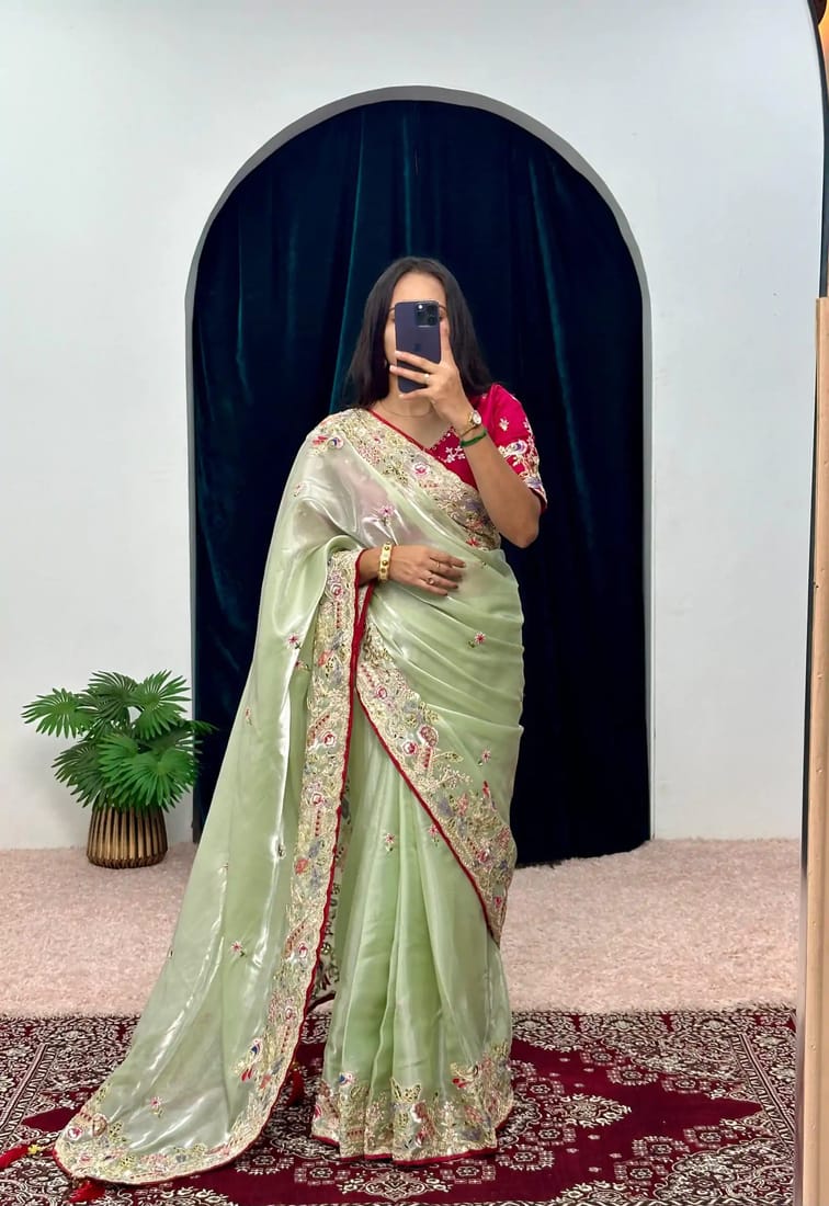 Beige Silk Blend Saree With Heavy Embroidered Border & Contrast Blouse