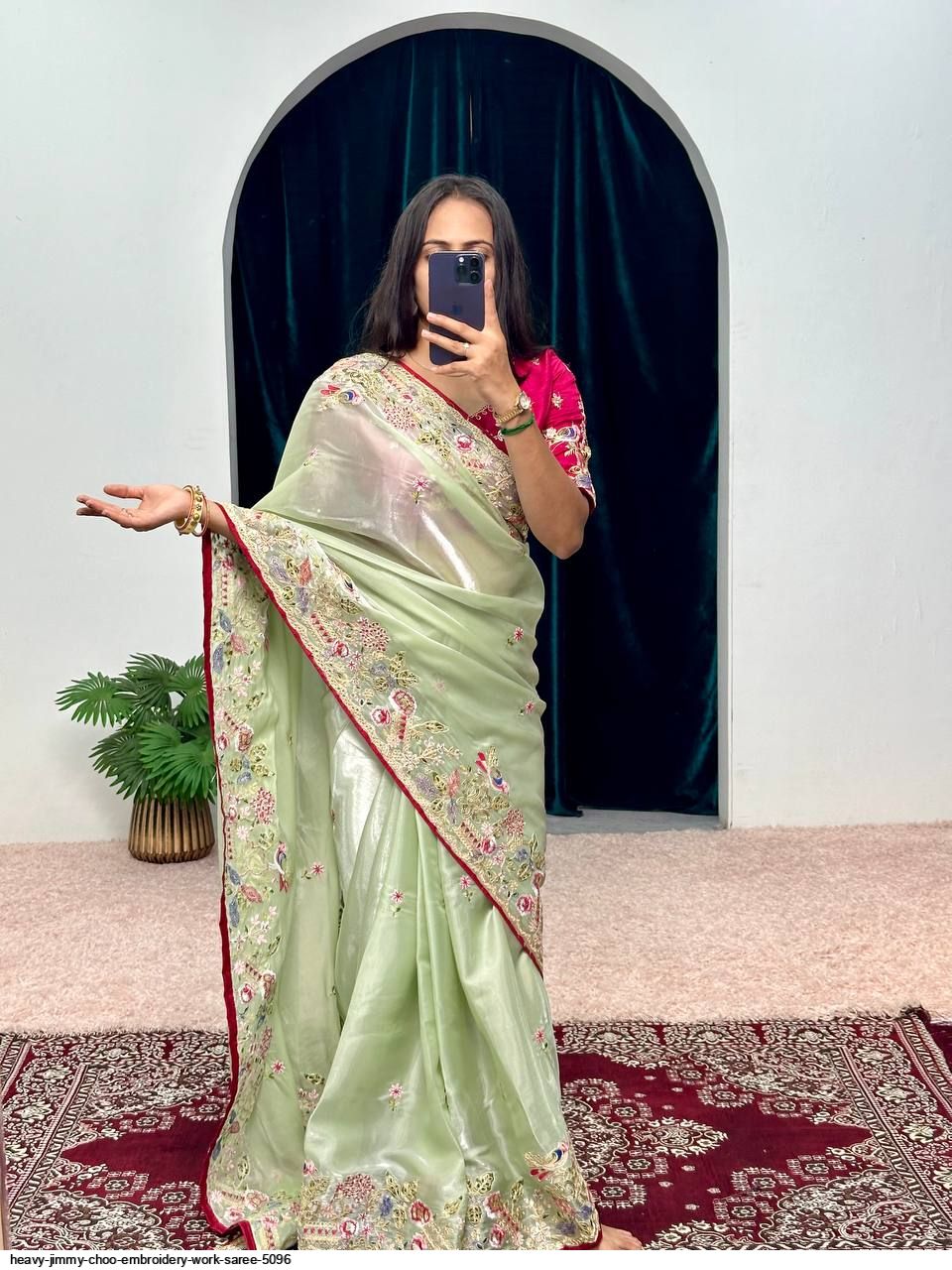 Beige Silk Blend Saree With Heavy Embroidered Border & Contrast Blouse