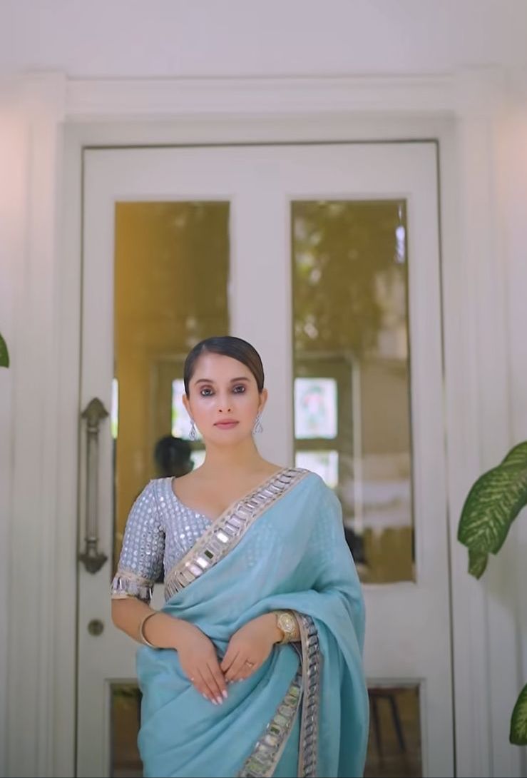Sky Blue, Golden Cream, Pink, Pistachio Green Party Wear Saree With Heavy Sequin Border Design