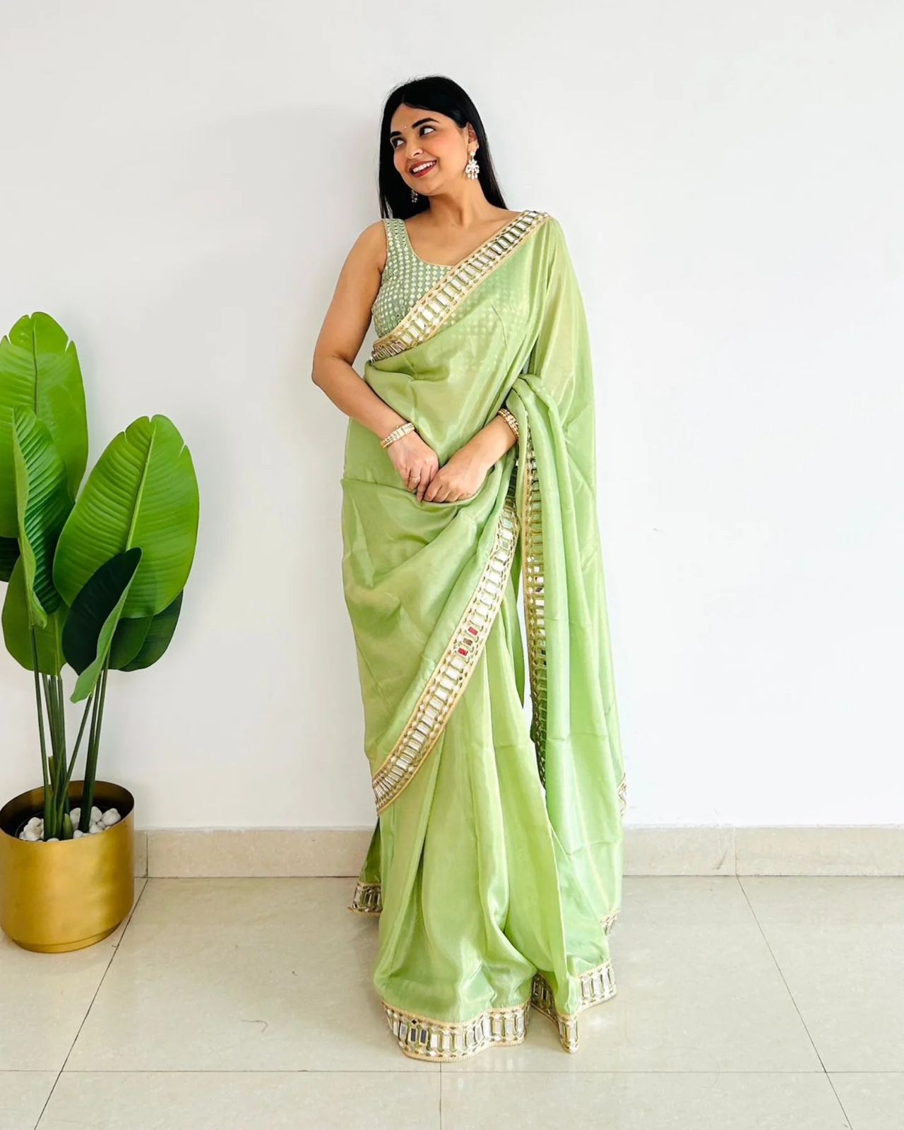 Sky Blue, Golden Cream, Pink, Pistachio Green Party Wear Saree With Heavy Sequin Border Design