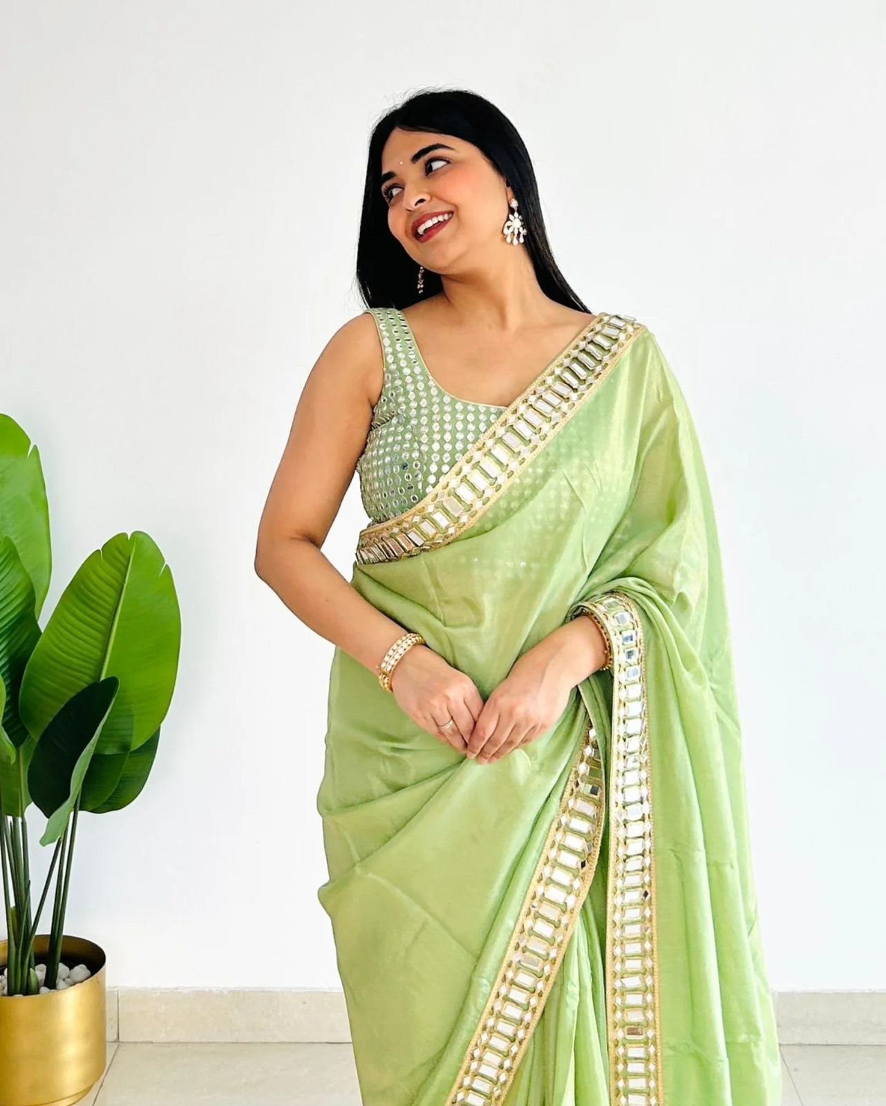 Sky Blue, Golden Cream, Pink, Pistachio Green Party Wear Saree With Heavy Sequin Border Design