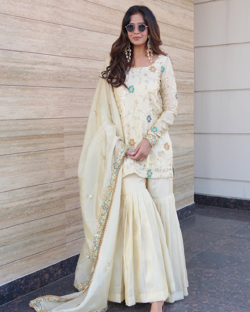 Ivory White Embroidered Sharara Suit Set With Dupatta