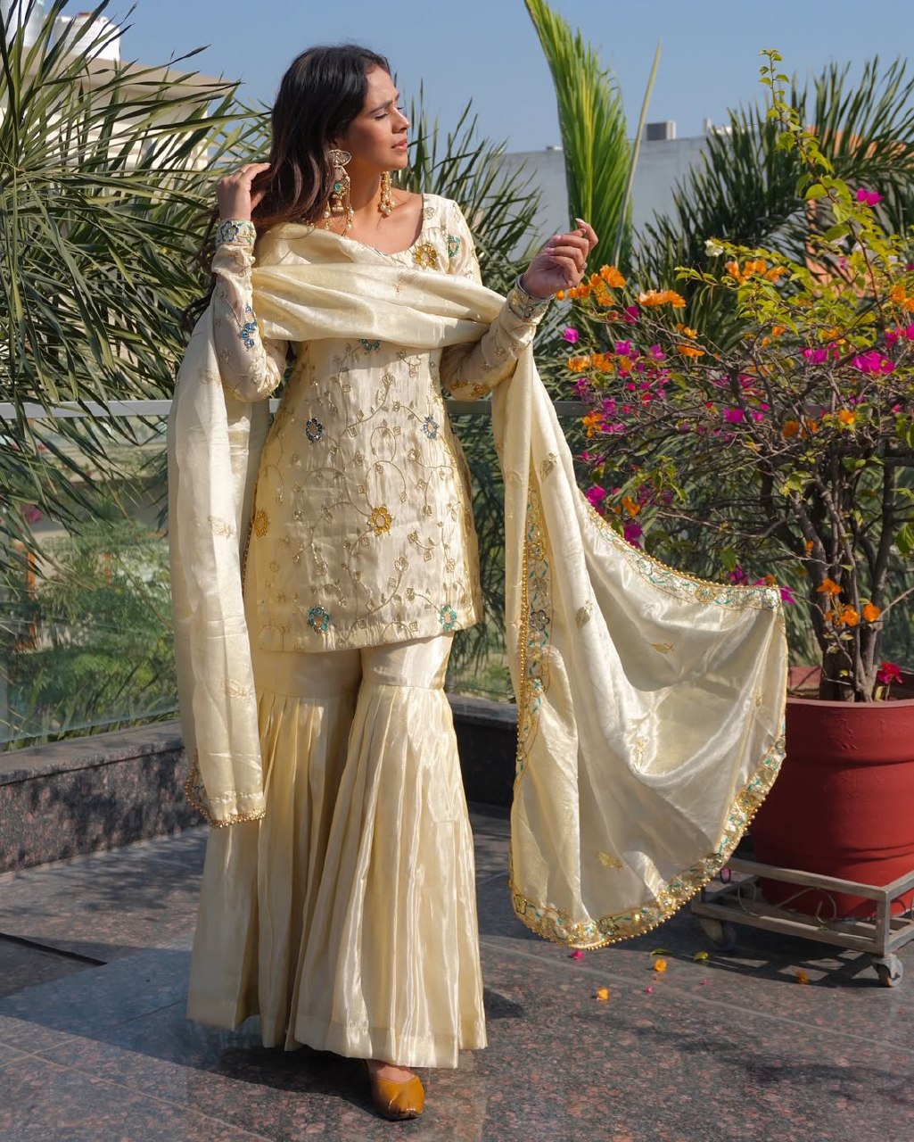 Ivory White Embroidered Sharara Suit Set With Dupatta
