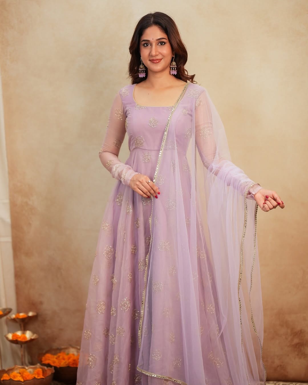 Lavender Embroidered Anarkali Gown Set