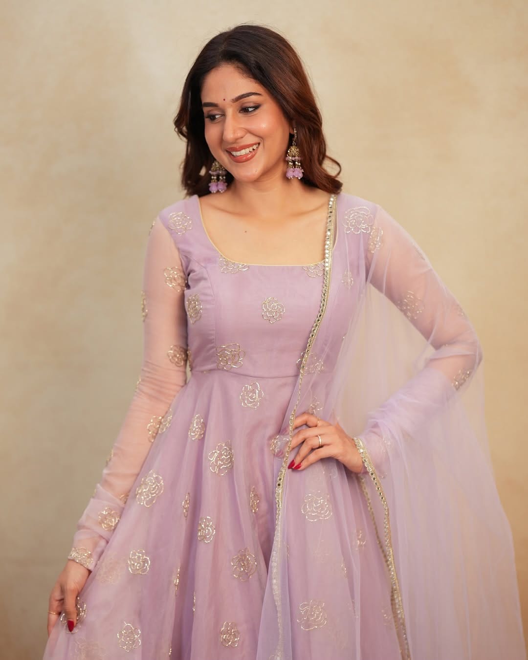 Lavender Embroidered Anarkali Gown Set