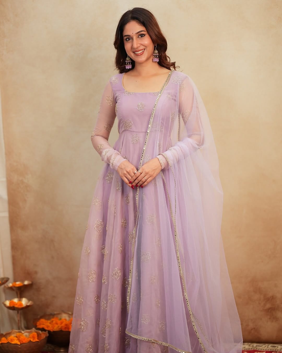 Lavender Embroidered Anarkali Gown Set