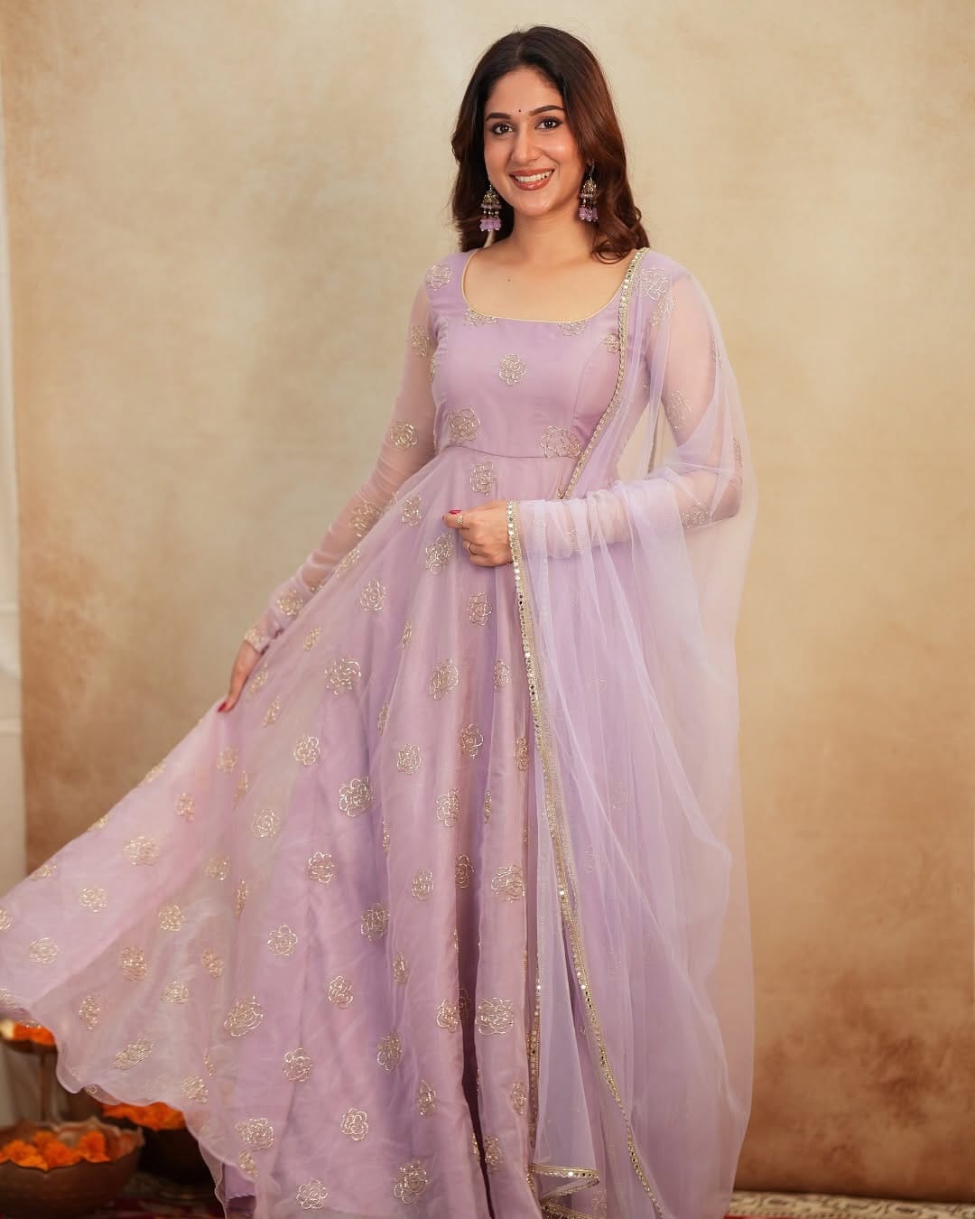 Lavender Embroidered Anarkali Gown Set