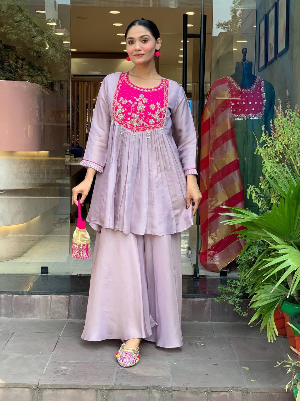 Pink Embroidered Kurta Palazzo Set