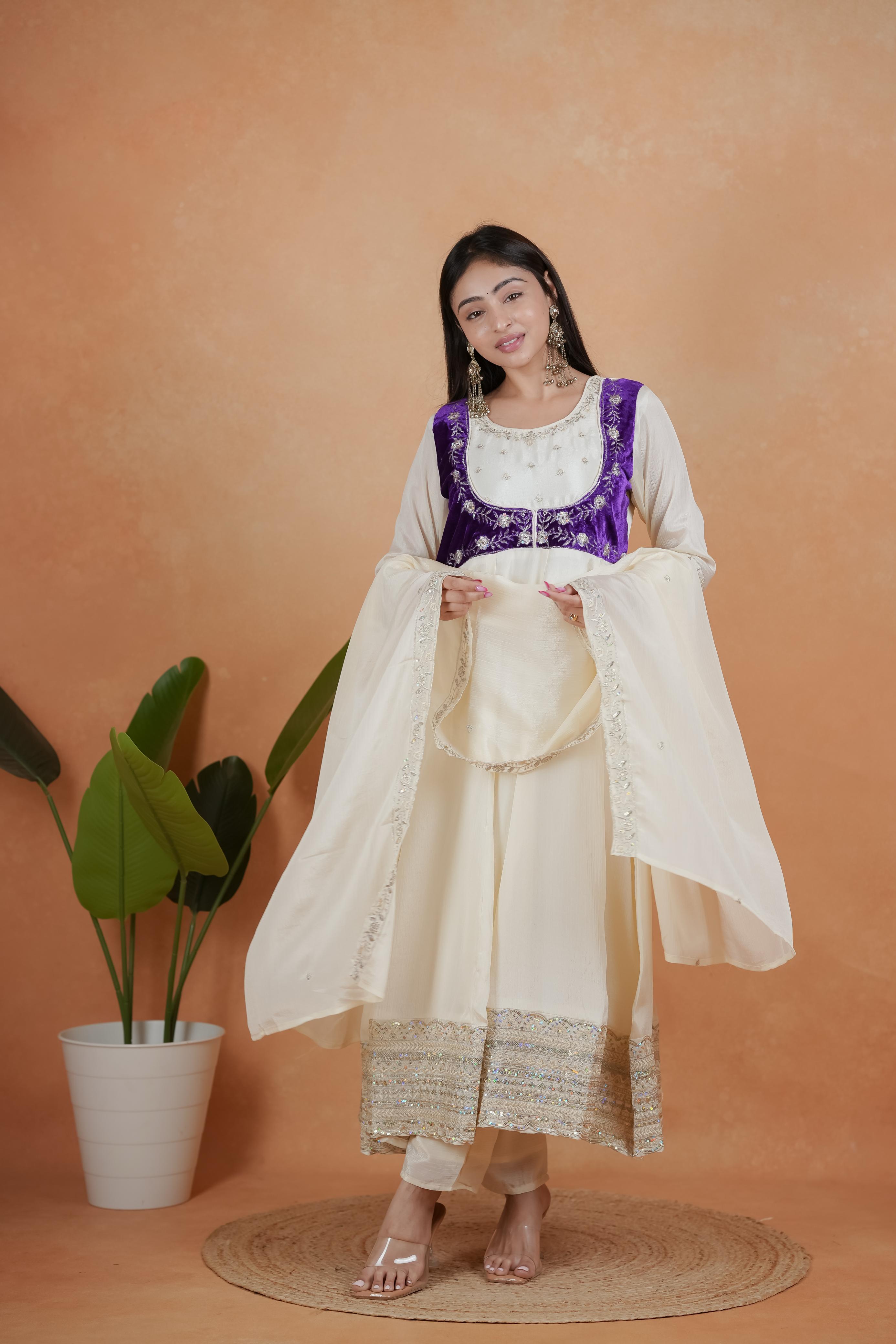 Ivory & Royal Purple Embroidered Kurti Set