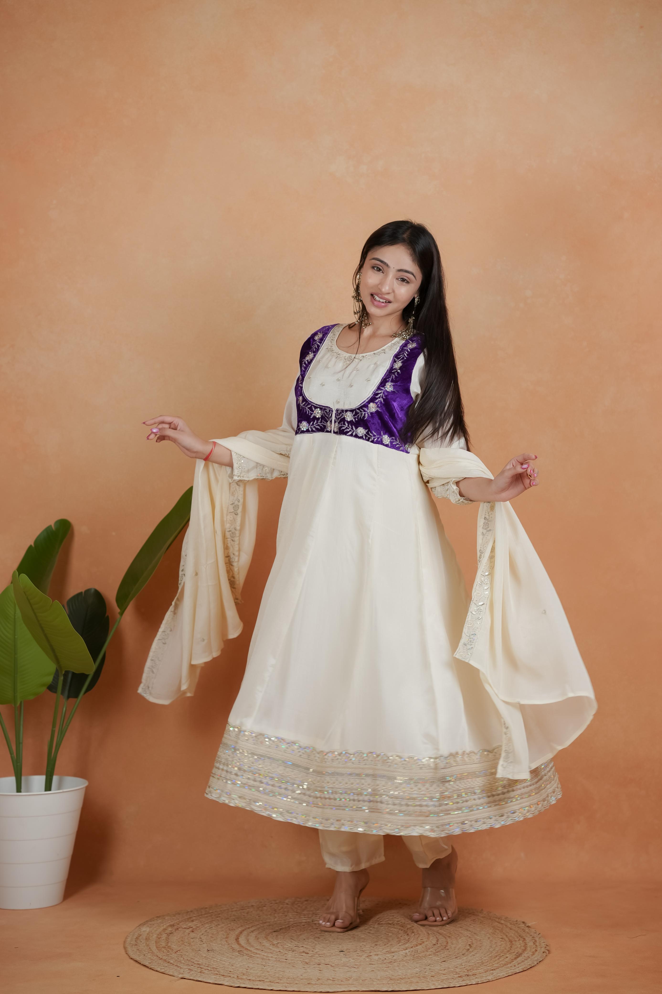 Ivory & Royal Purple Embroidered Kurti Set