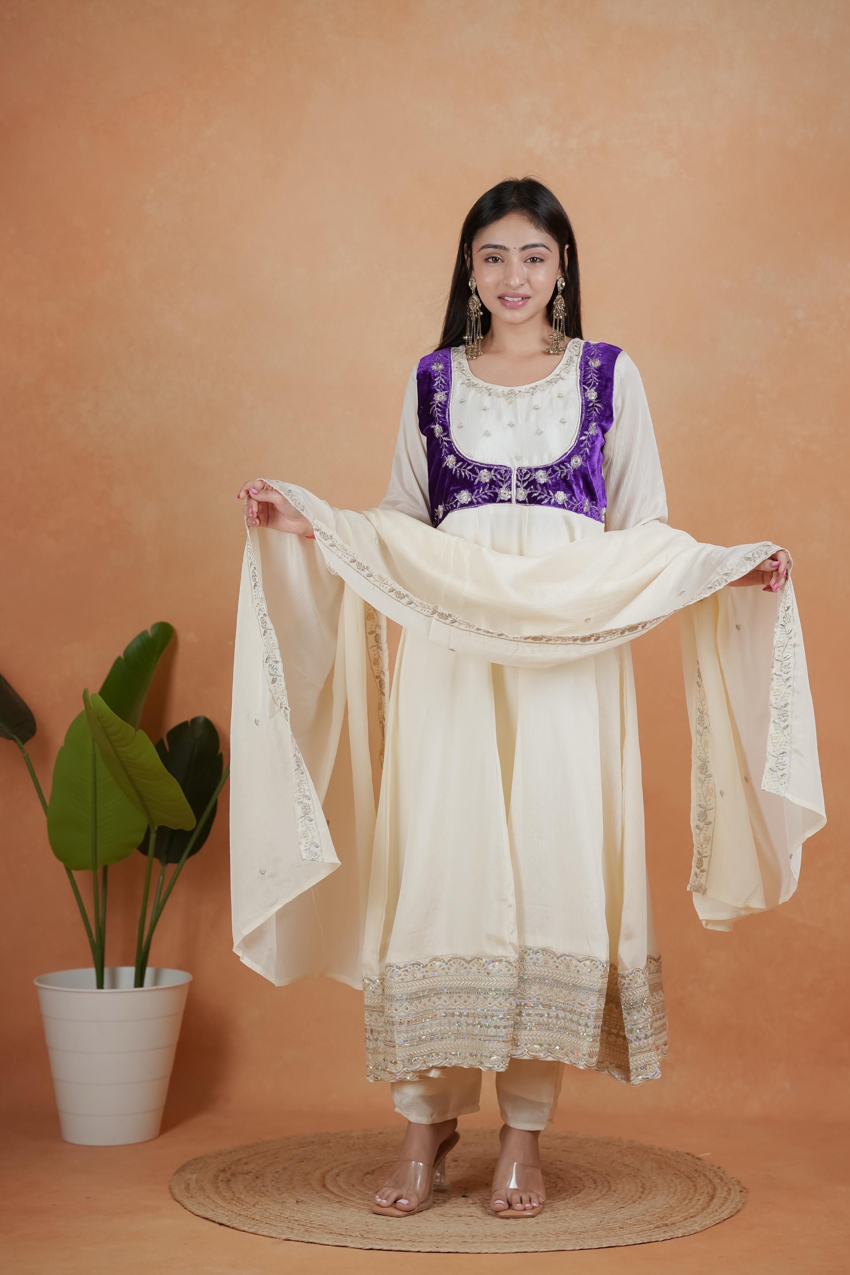 Ivory & Royal Purple Embroidered Kurti Set