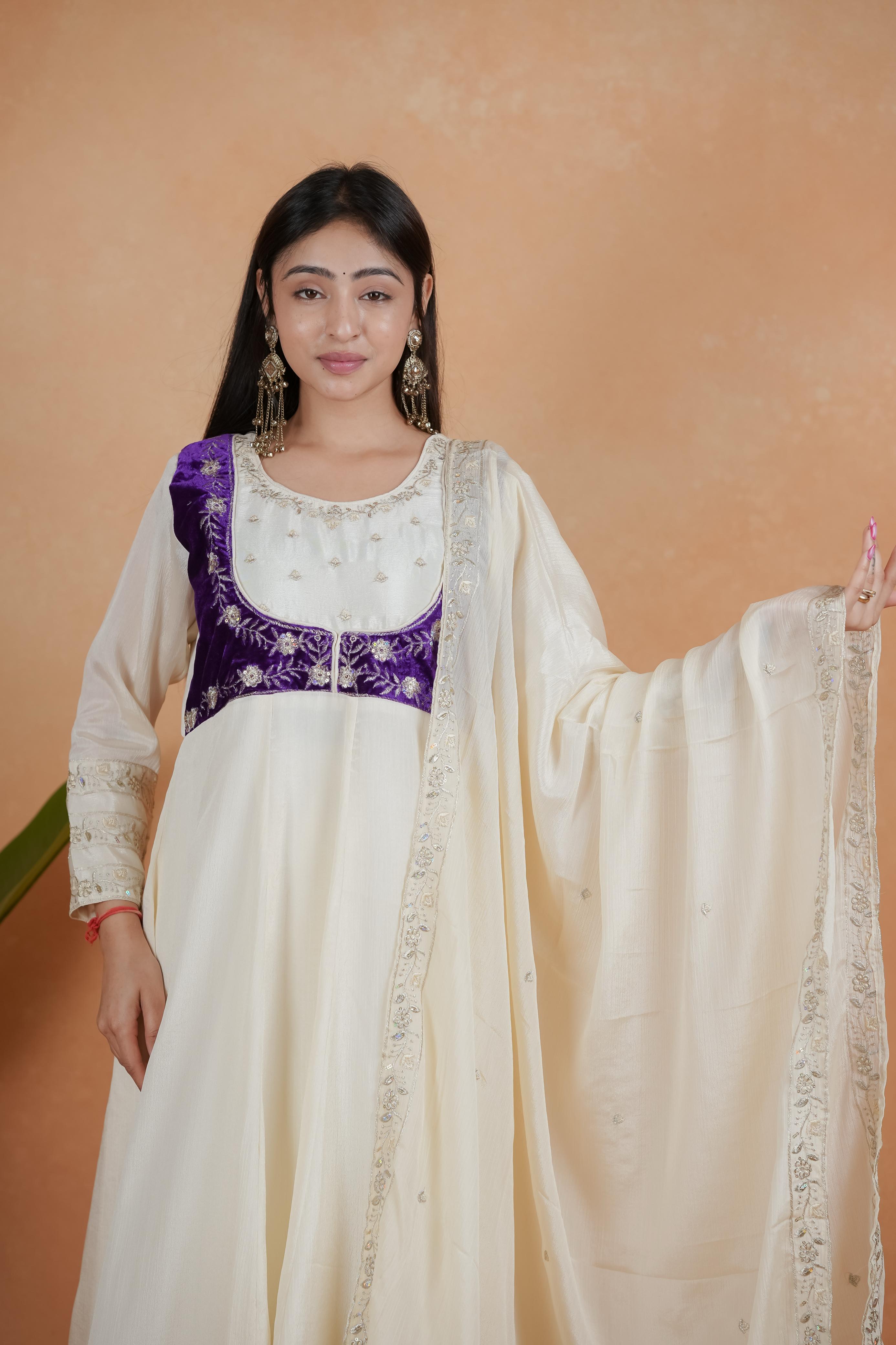 Ivory & Royal Purple Embroidered Kurti Set