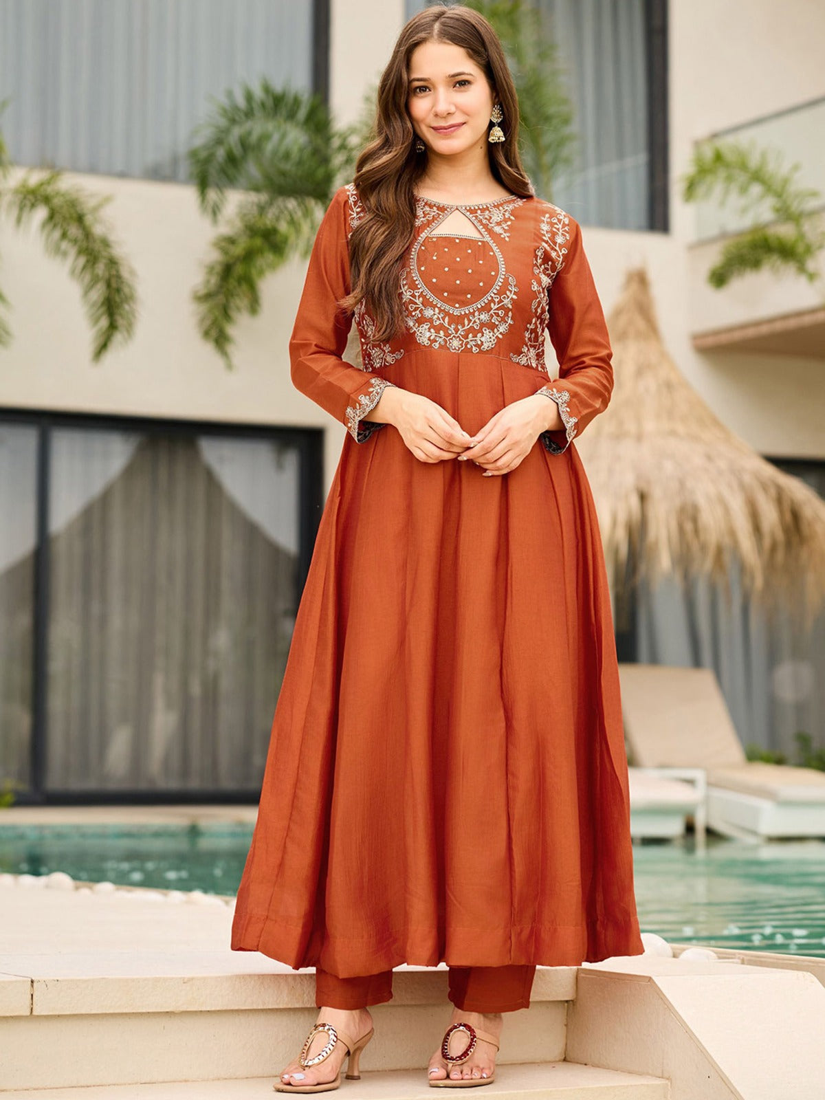 Royal Purple And Orange Designer Flared Kurti Set