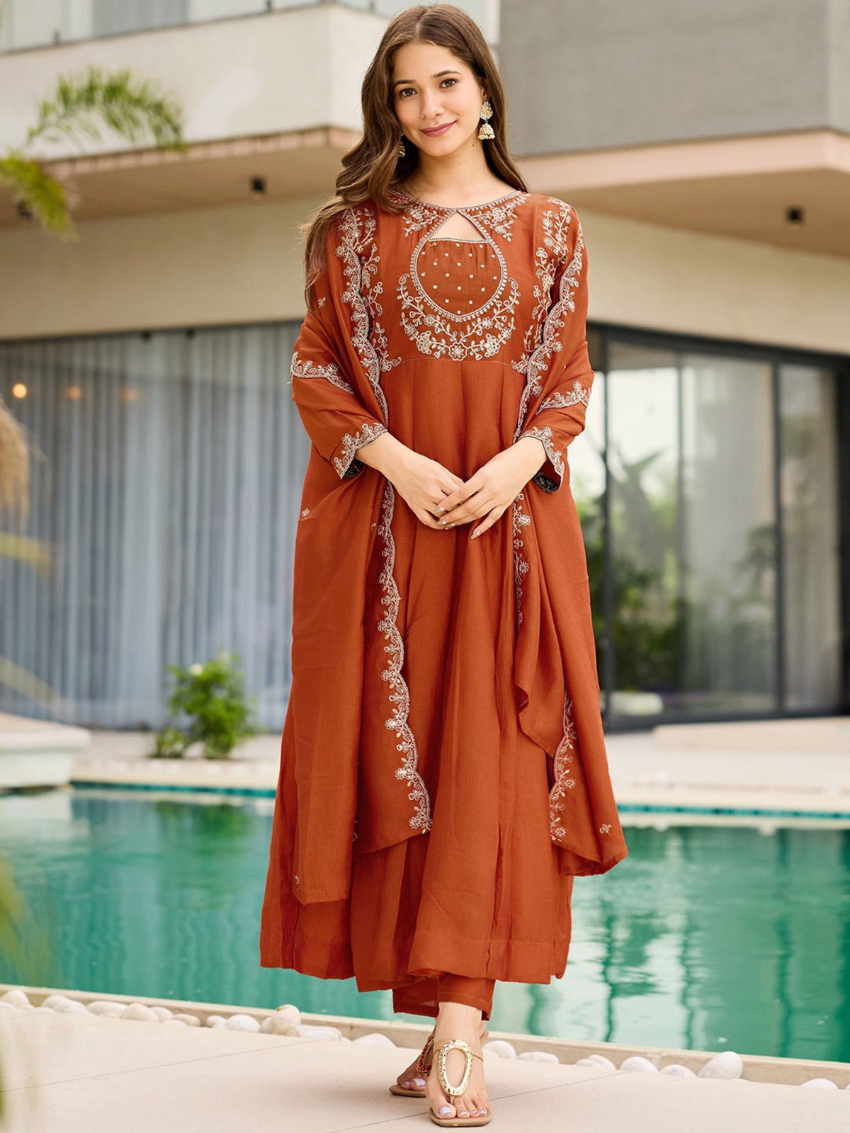 Royal Purple And Orange Designer Flared Kurti Set