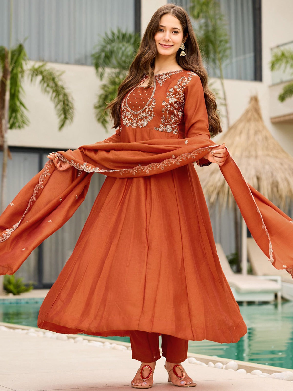 Royal Purple And Orange Designer Flared Kurti Set
