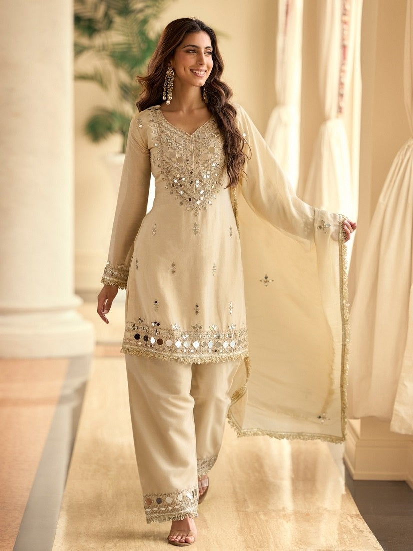 Beige Embroidered Straight Suit Set