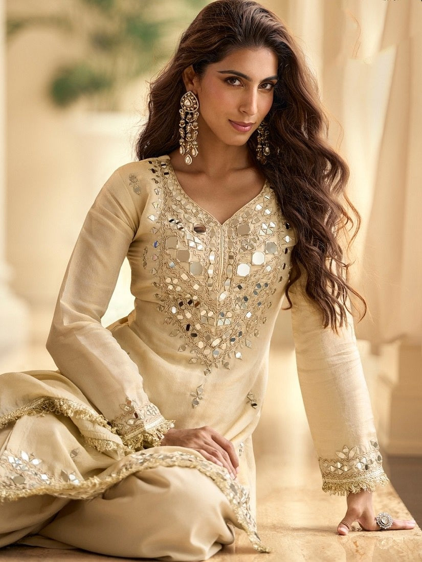 Beige Embroidered Straight Suit Set