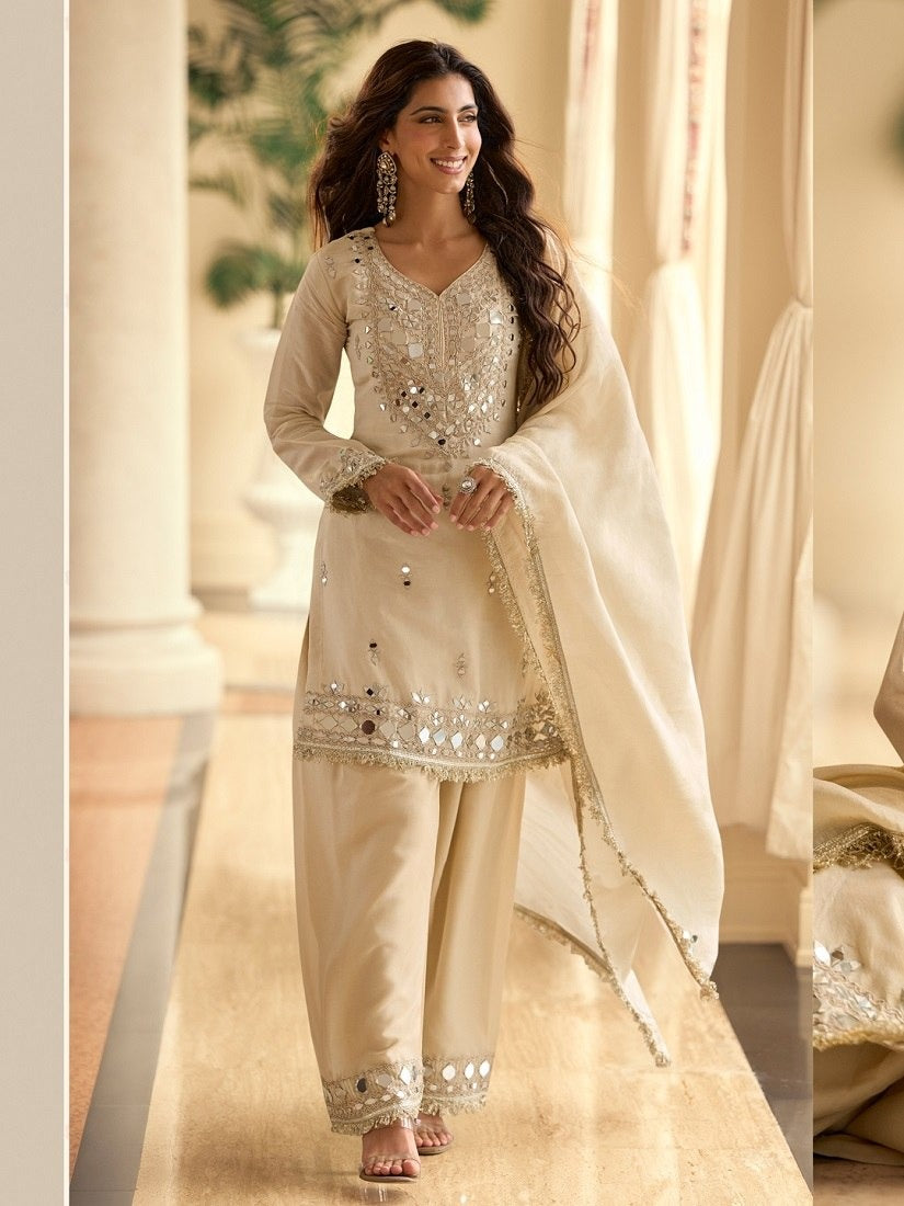 Beige Embroidered Straight Suit Set