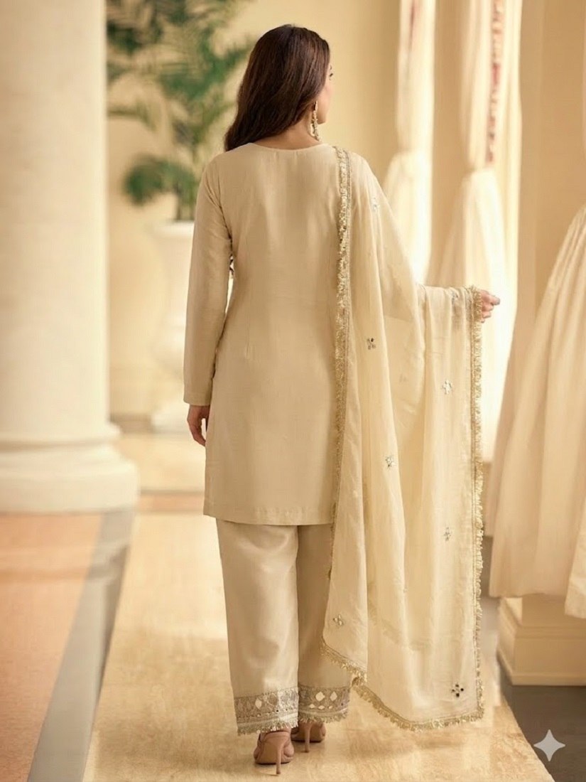 Beige Embroidered Straight Suit Set
