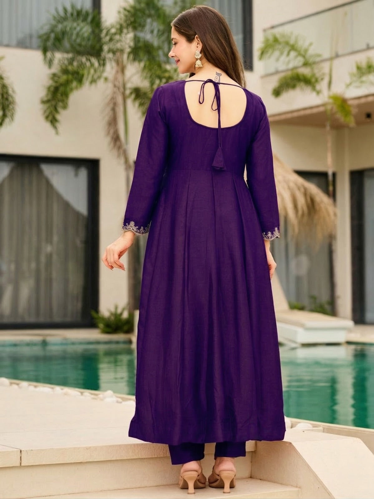 Royal Purple And Orange Designer Flared Kurti Set