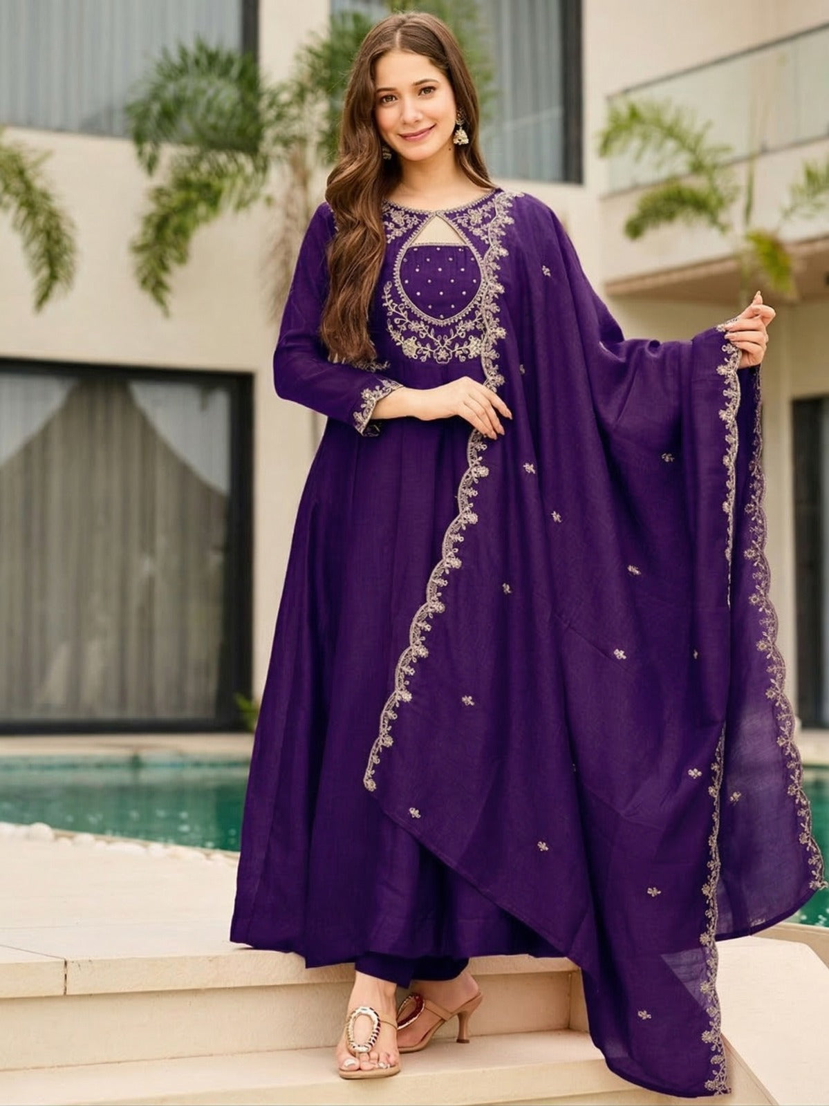 Royal Purple And Orange Designer Flared Kurti Set