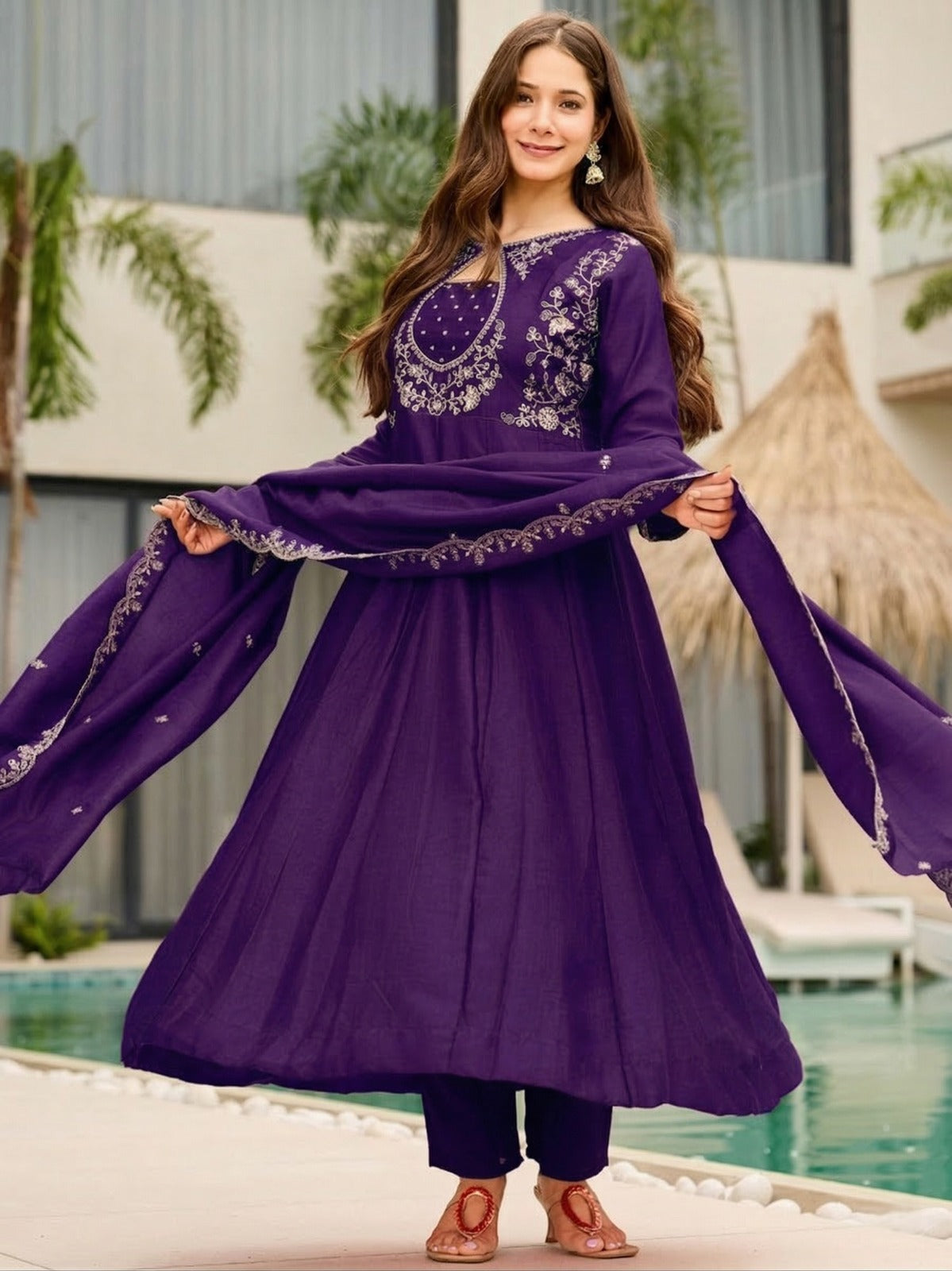 Royal Purple And Orange Designer Flared Kurti Set